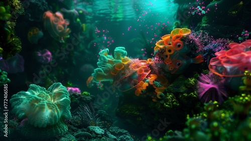 Underwater scene visualized with biofluorescence  revealing the glowing life forms of the deep hyper realistic