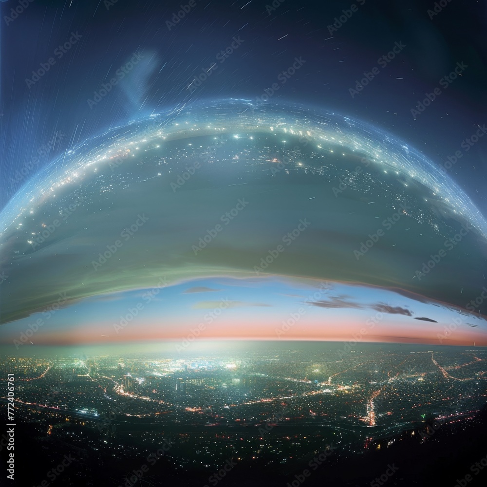 The phenomenon of skyglow over cities, visualizing the dome of light seen from distant viewpoints low noise - obrazy, fototapety, plakaty 