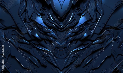 A digital art piece featuring intricate and symmetrical blue robotic armor with a glossy, metallic finish that appears both futuristic and formidable