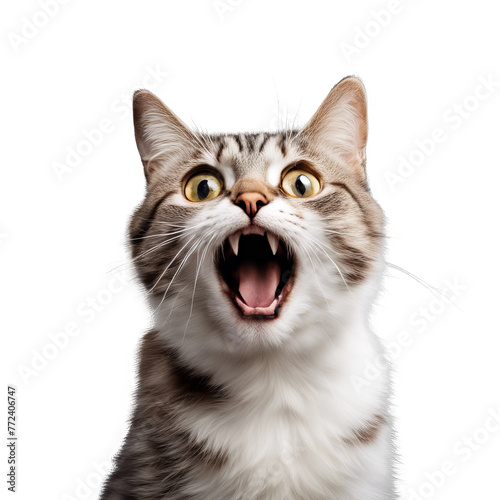 Crazy surprised Cat, shock Isolated white background