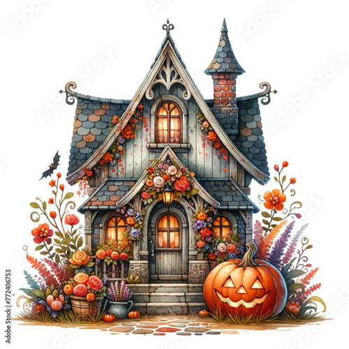watercolor of Hand painted rustic Halloween House  Hand painted rustic isolated on white background © Daily