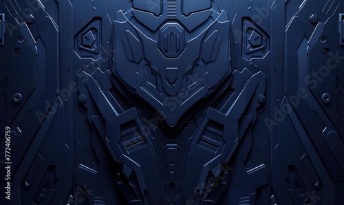 This image showcases an intricate design resembling a futuristic robotic armor, predominantly in dark blue tones with symmetrical patterns photo