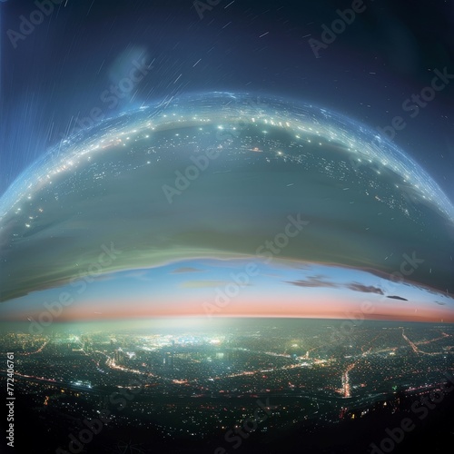 The phenomenon of skyglow over cities, visualizing the dome of light seen from distant viewpoints low noise