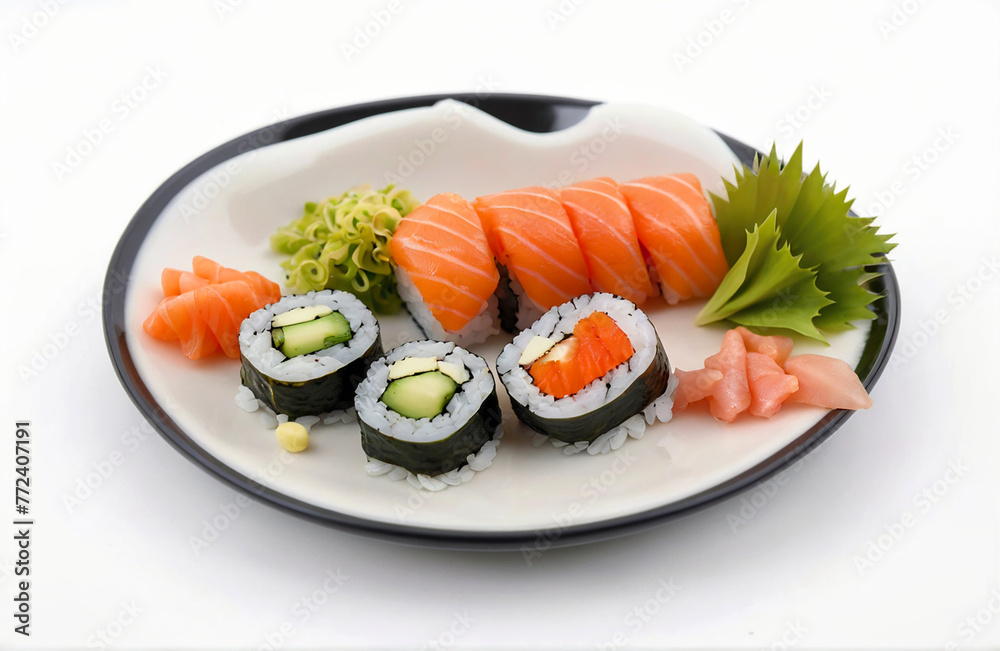 Sushi on the plate,cut out on white background Sushi on the plate,cut out on white background