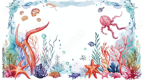 Watercolor of sea creature frame flat cartoon vactor
