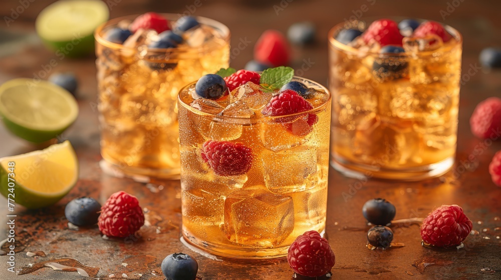 Ice tea with raspberries, lime, and blueberries on a table with lemons Ice tea with raspberries, lime, and blueberries on a table with lemons