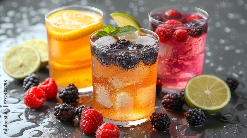 Three glasses of lemonade, raspberry, and limeade on a table with raspberries and limes Three glasses of lemonade, raspberry, and limeade on a table with raspberries and limes