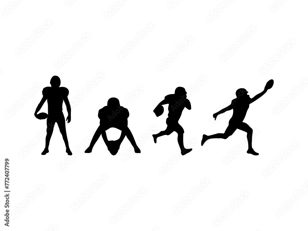 Set of football player silhouette. American football player silhouette. Various football player silhouettes are isolated on a white background.