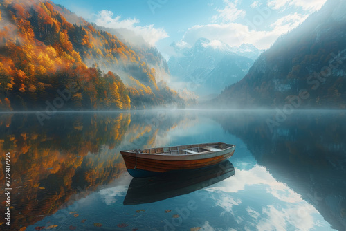 a lone empty rowboat floating peacefully on the surface of a calm lake in early morning 