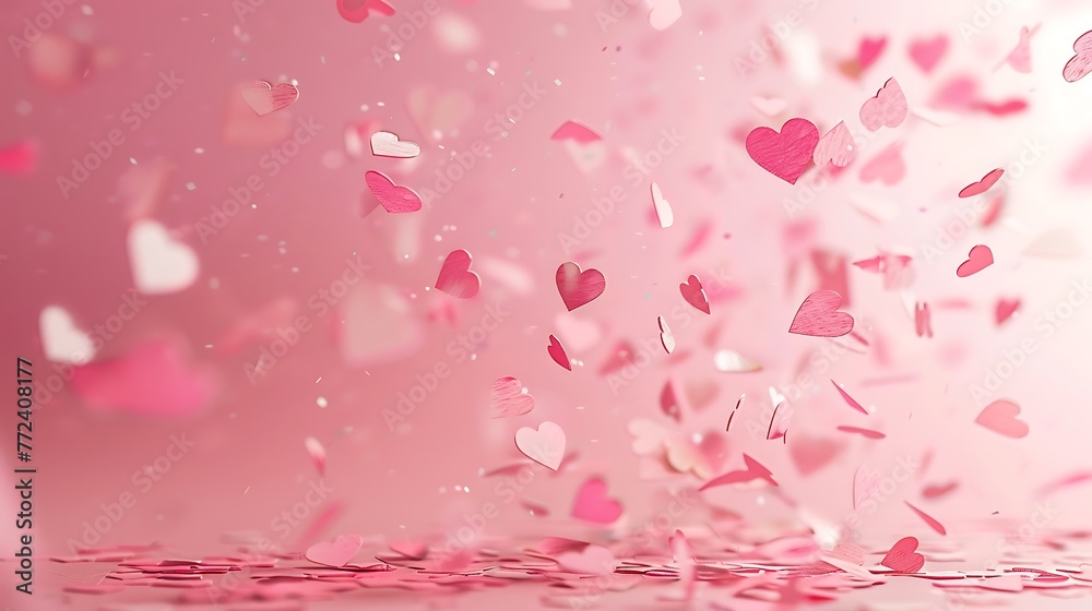 Heart confetti falling over pink background for hello cards Heart confetti falling over pink background for hello cards