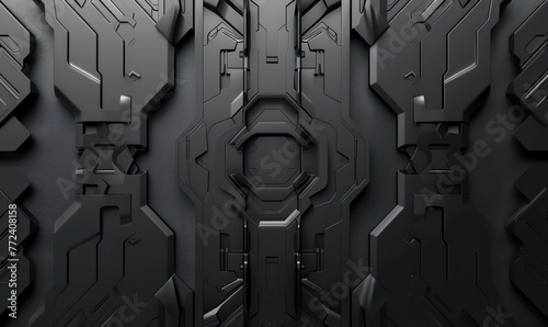 Fototapeta Naklejka Na Ścianę i Meble -  This image shows a highly detailed futuristic black technological panel with a symmetrical design, resembling a sci-fi spacecraft or advanced machinery
