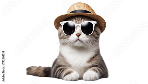Happy cat in Sunglasses and Hat Isolated white background © NightTampa