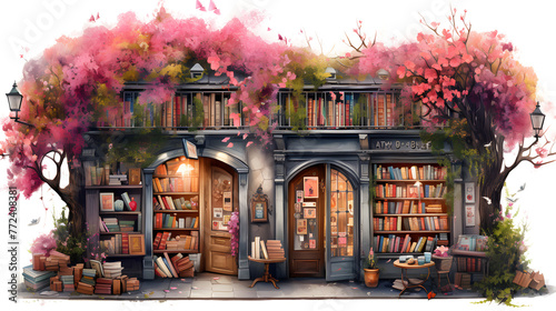 Bookstore building with a blooming tree, spring street watercolor illustration