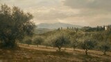 A painting from the 1850s portrays an olive field with historical imagery, featuring light brown and gray tones that evoke an atmosphere of chalky, dark beige, soft, and muted tones.
