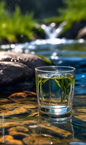 Glass Beaker of clear water, with the river in the background
