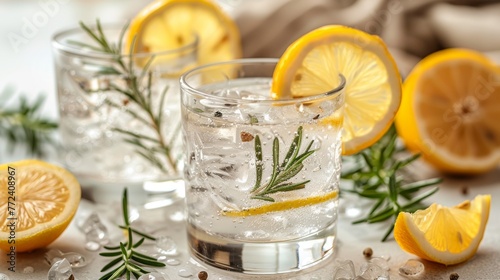  Close-up glass of water with lemons and rosemary sprig