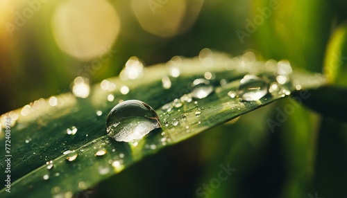  Large beautiful drops of transparent rain water on a green leaf macro. Drops of dew in the morning glow in the sun. Beautiful leaf texture in nature. Natural background