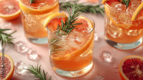  A table topped with glasses holding various drinks and garnished with rosemary and grapefruit