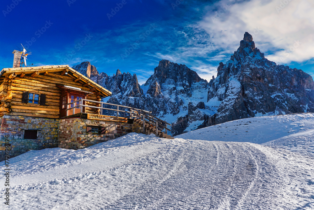 chalet on the mountain with snow in winter