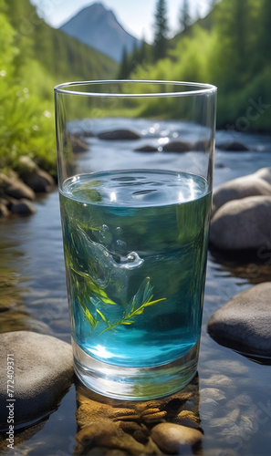 Glass Beaker of clear water, with the river in the background