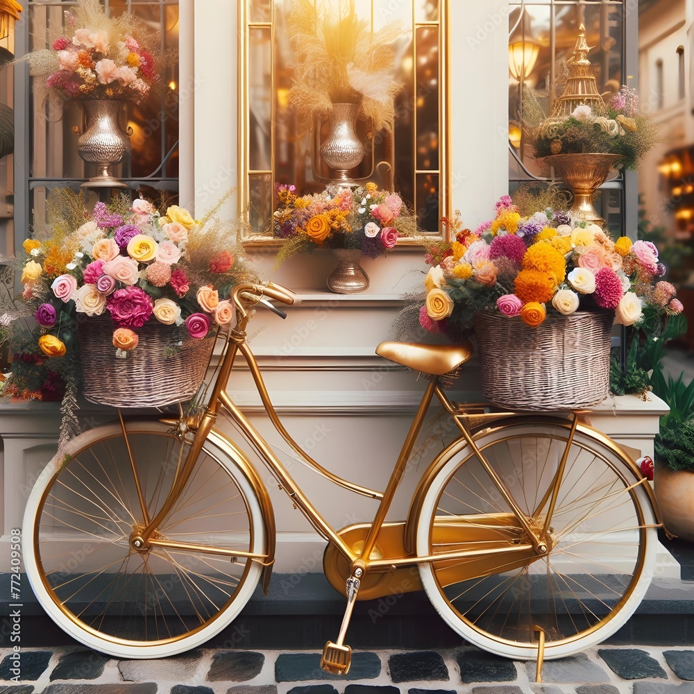 A Vintage Golden Bicycle with Baskets of Flowers