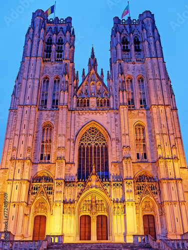 Night view illuminated St. Michael and St. Gudula Cathedral Brussels Bruxelles Belgium photo