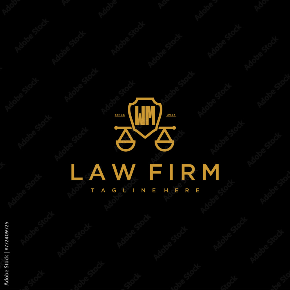 WM initial monogram for lawfirm logo with scales shield image