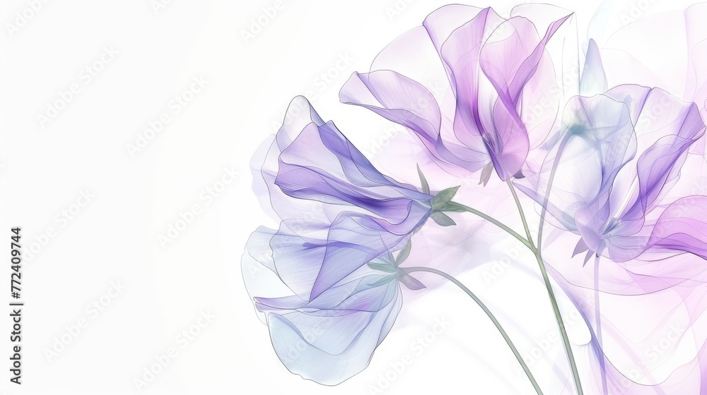 A sharp focus of vibrant flower bouquet set against plain white background, with hazy purple blooms in the depths A sharp focus of vibrant flower bouquet set against plain white background, with hazy purple blooms in the depths