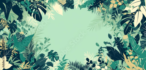  A green background with numerous tropical plants, a central light blue patch surrounded by plants on both sides