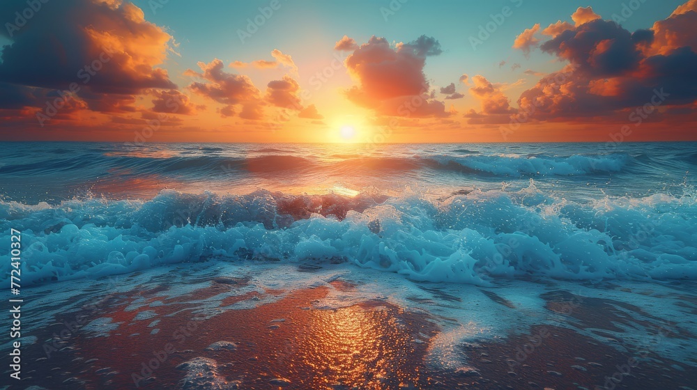  A sunset painting depicts waves crashing on the shore as the sun rises above the horizon - obrazy, fototapety, plakaty 