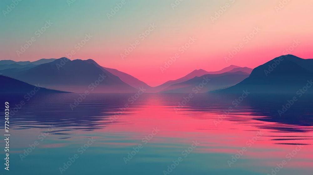 A serene landscape showcasing a vibrant sunset silhouetting mountain ranges with a calming lake reflection in the foreground, invoking peace and mindfulness