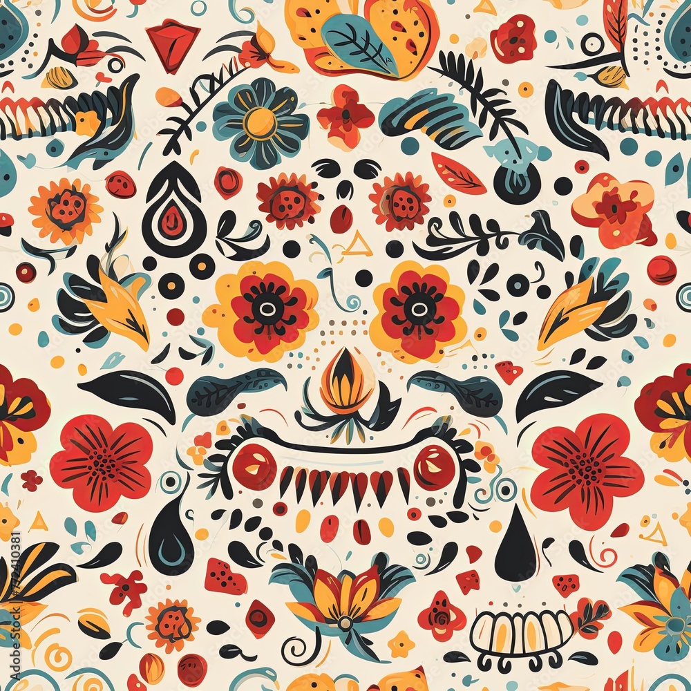 Day of The Dead colorful sugar skull with floral ornament and flower seamless pattern