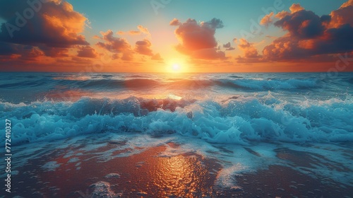  A sunset painting depicts waves crashing on the shore as the sun rises above the horizon