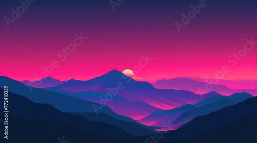 Vibrant shades of purple and pink enhance the serene beauty of a starry night sky over a tranquil mountainous landscape, perfect for adding a pop of color and tranquility to any project © Matthew