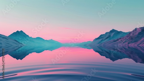 A tranquil and surreal digital landscape featuring mirrored mountains under a pastel gradient sky reflected in a still lake Perfect for concept art