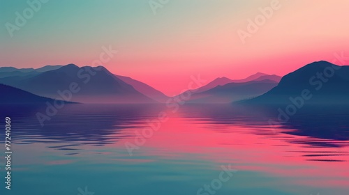 A serene landscape showcasing a vibrant sunset silhouetting mountain ranges with a calming lake reflection in the foreground  invoking peace and mindfulness