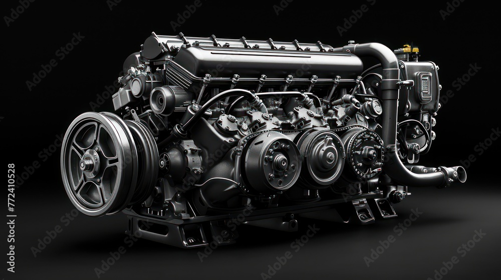 A high-resolution image showcasing a detailed car engine with a sleek design set against a dark, black background, highlighting the intricacies of automotive machinery A high-resolution image showcasing a detailed car engine with a sleek design set against a dark, black background, highlighting the intricacies of automotive machinery