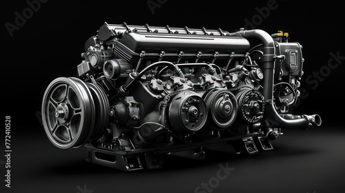 A high-resolution image showcasing a detailed car engine with a sleek design set against a dark, black background, highlighting the intricacies of automotive machinery