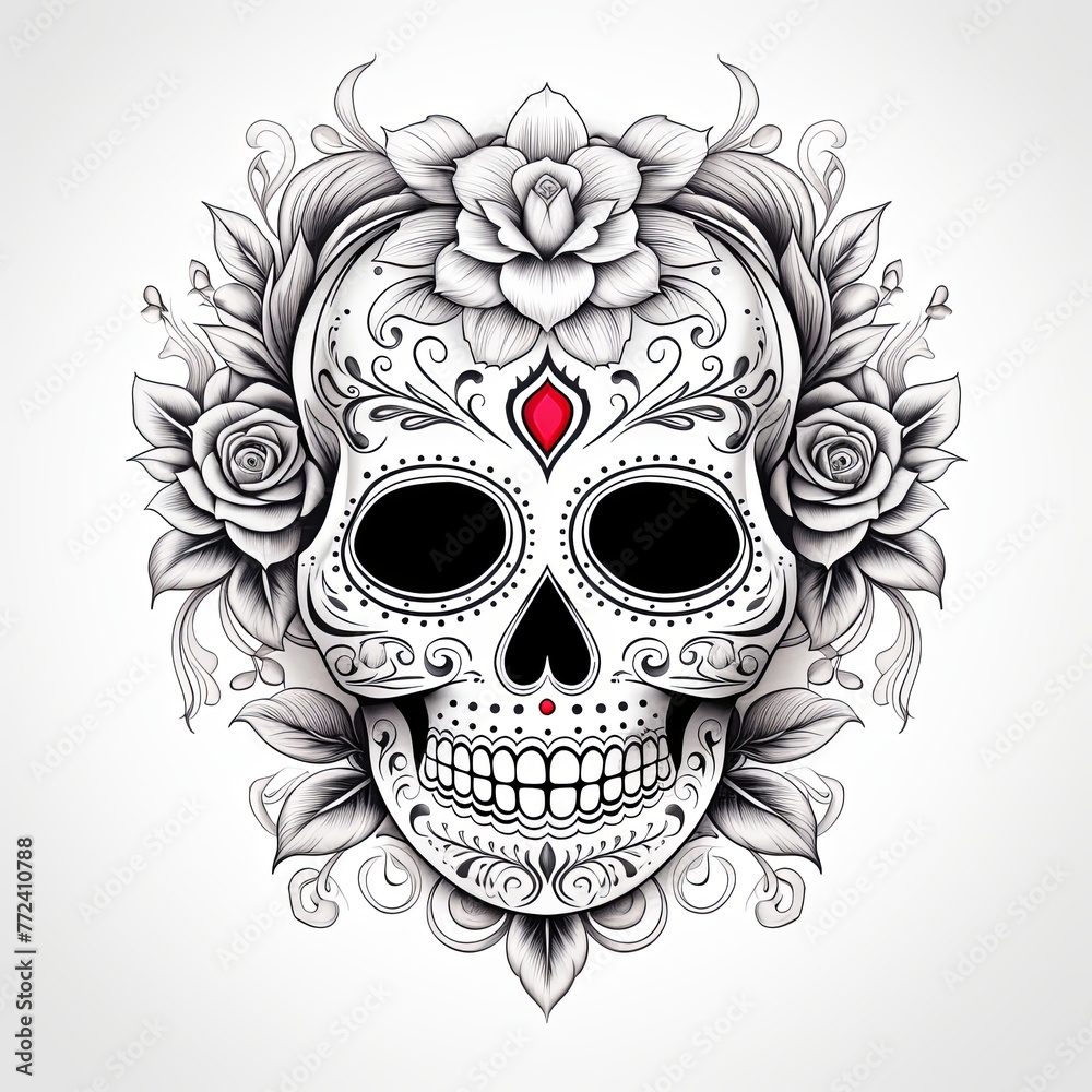 Day of The Dead colorful sugar skull with floral ornament and flower seamless pattern. on white background Day of The Dead colorful sugar skull with floral ornament and flower seamless pattern. on white background