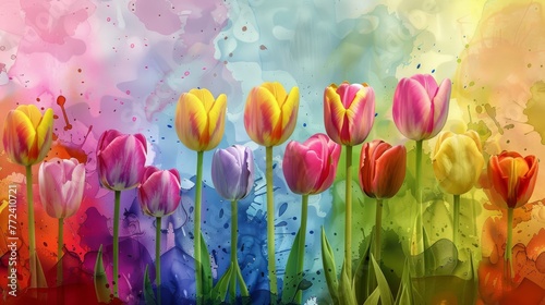  A rainbow-colored tulip field in a vibrant backdrop with water droplets