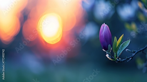  A zoomed-in image of a lilac bloom on a twig  framed against a hazy background depicting the sun