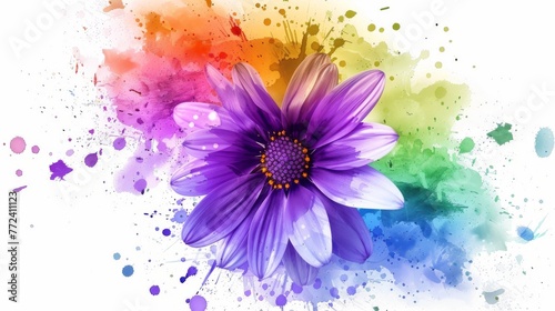  A high-resolution image of a vivid purple flower on a pure white backdrop  with an abstract splash of vibrant colors in the background