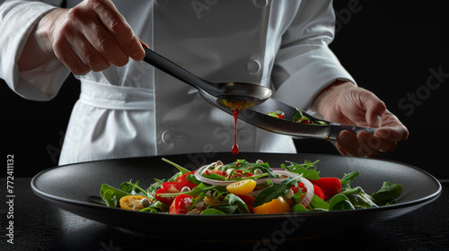 A chef's hand is drizzling sauce over a meticulously arranged gourmet dish.