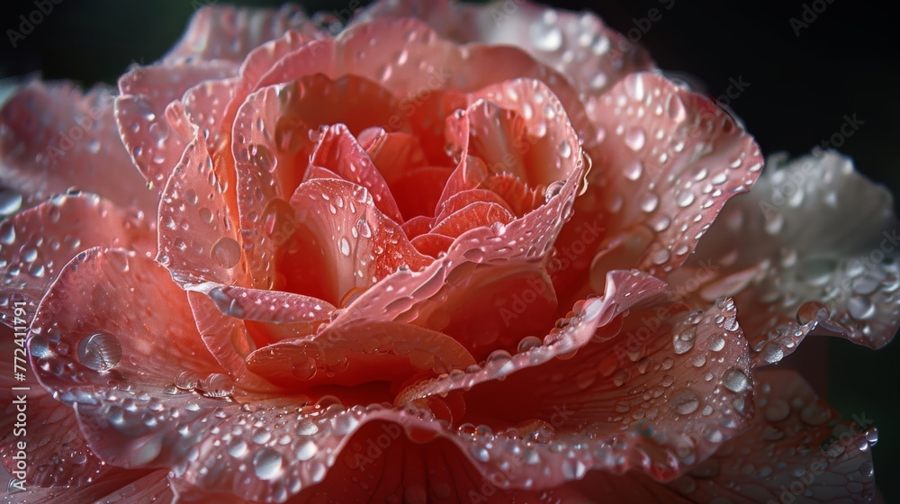  A pink flower with water droplets on its petals, against a dark background
