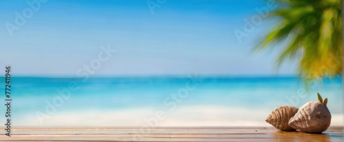 Tropical beach with sunbathing accessories, summer holiday background with copy space