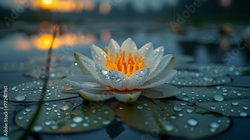  A macro photo of a water lily with droplets on its petals and a lit candle in the backdrop