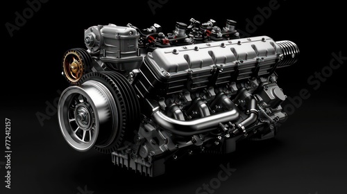 A meticulously rendered image of a car engine showcasing its complexity and the intricate design of its components against a sleek black background