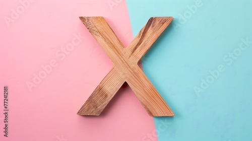 Letter X in wood on Pink and blue combination background