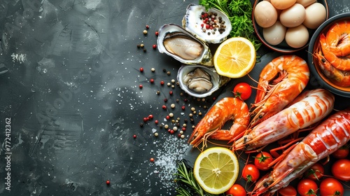 Various seafood displayed on table for delicious recipes, copy space