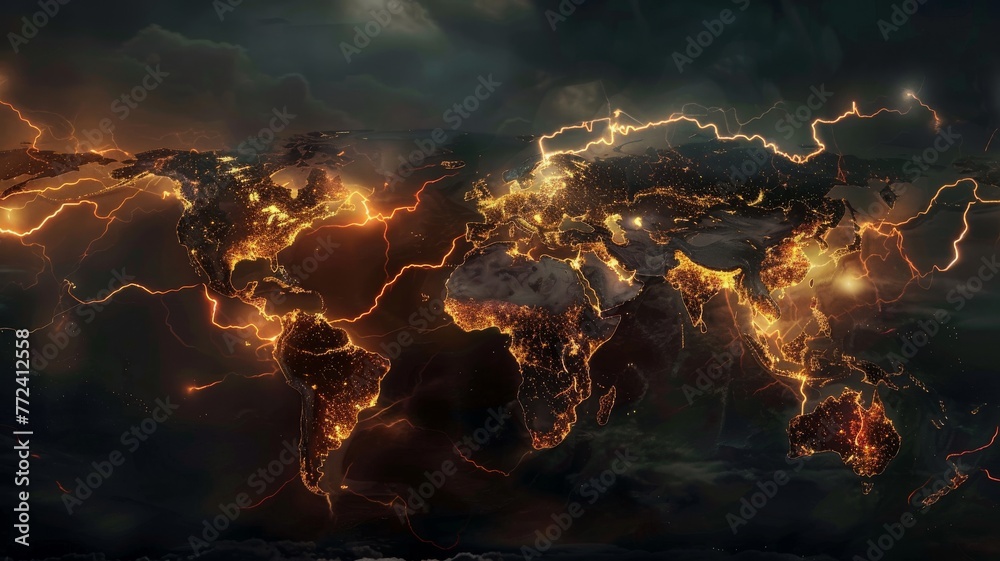 A comparison of lightning occurrences around the world, mapping out hotspots and rare events hyper realistic - obrazy, fototapety, plakaty 